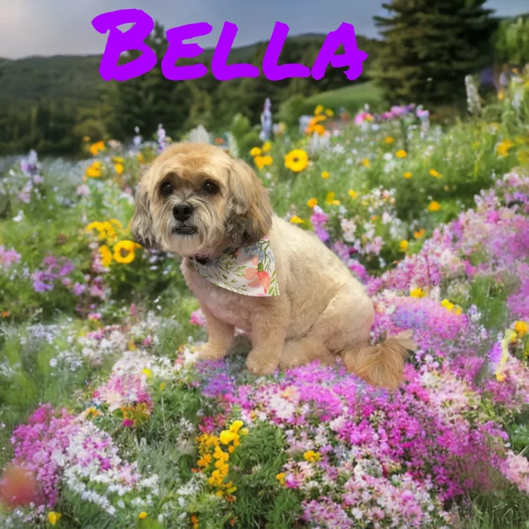 Light brown dog named Bella wearing a floral bandana while sitting among bright pink, yellow, and purple wildflowers.