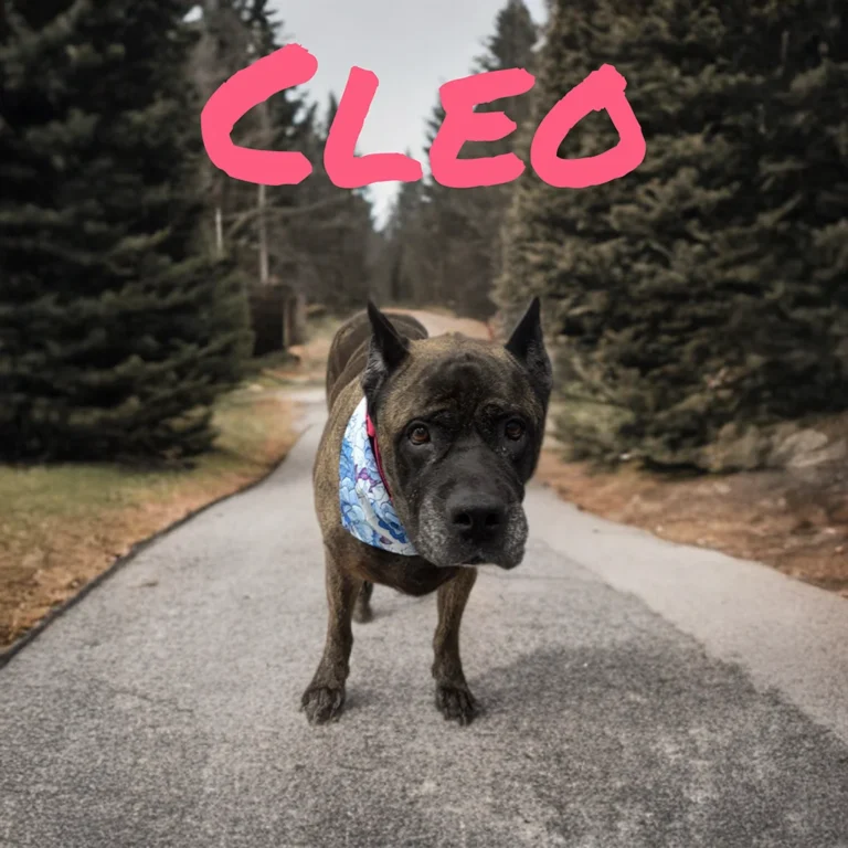 Large dark-colored dog named Cleo wearing a blue bandana while standing on a quiet paved road surrounded by tall pine trees.