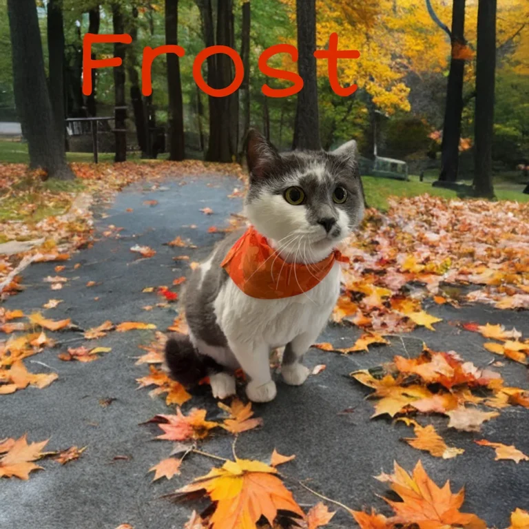 Gray and white cat named Frost wearing an orange bandana while sitting on a paved path covered in colorful fall leaves.