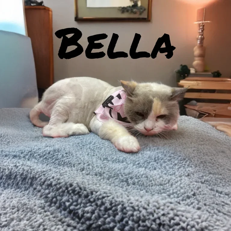 Light-colored cat wearing a pink bandana resting on a gray blanket with the name Bella above her.