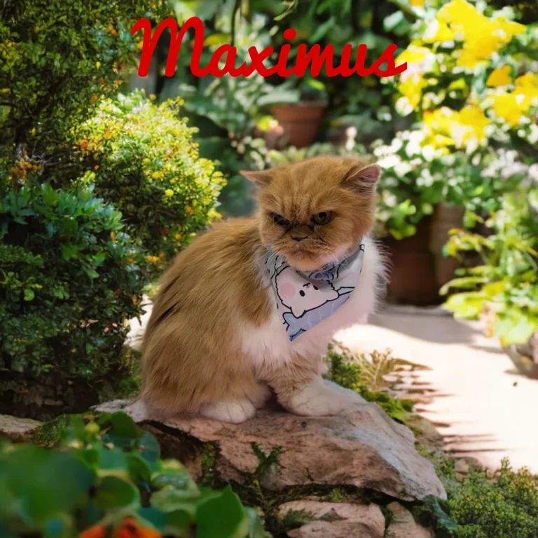 Fluffy orange cat named Maximus wearing a blue bandana while sitting on rocks surrounded by bright garden plants.