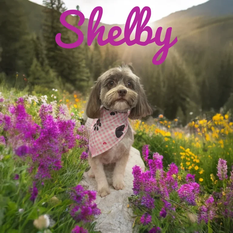 Small dog named Shelby wearing a pink checkered bandana while sitting on a rock surrounded by bright purple and yellow wildflowers with mountains in the background.