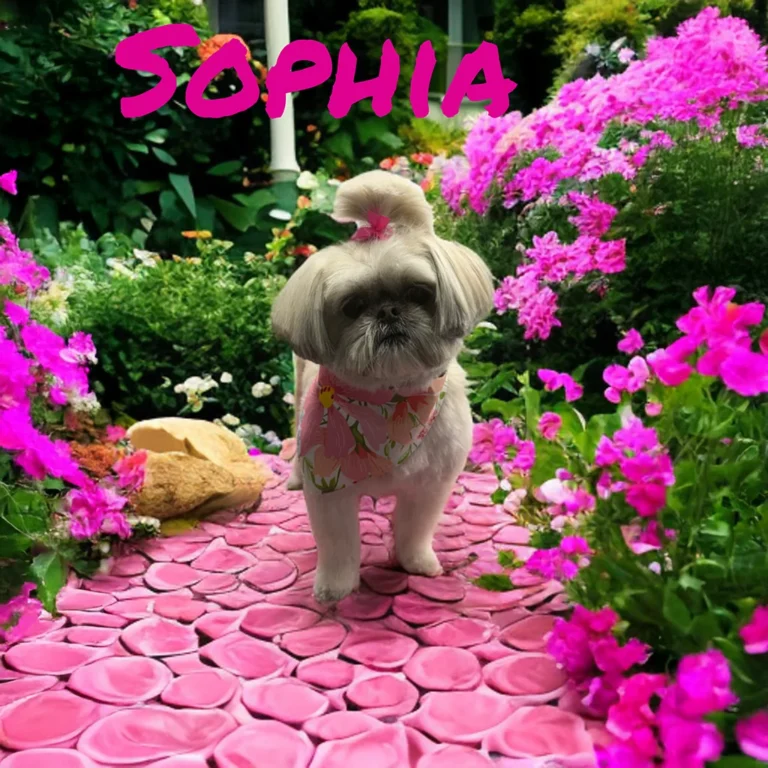 Small white dog named Sophia with a topknot and floral bandana standing on a pink petal-covered path surrounded by bright flowers.