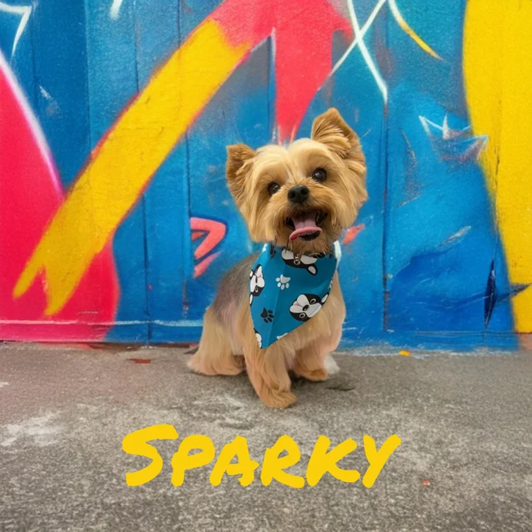 Small Yorkie named Sparky wearing a blue bandana while sitting on pavement in front of a bright graffiti wall.